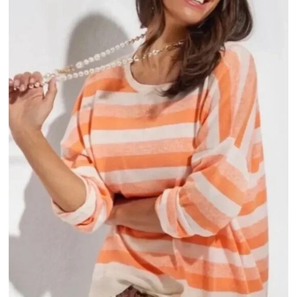 Cabi Swish Linen Blend Pullover Light Sweater Orange Striped Large Boxy Beachy - Picture 7 of 9